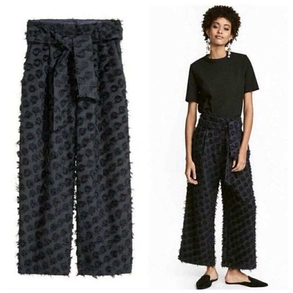 H&M Women's Black Wide Cut High Waist Tie Belt Pockets Ankle Length Pants sz 8